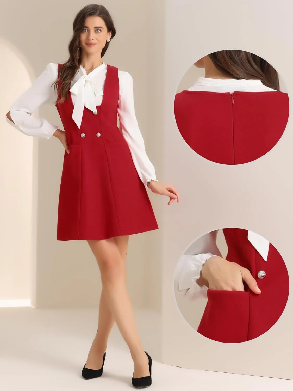 Allegra K Halloween Pinafore Dress for Women's Double Breasted Decor A-Line Overalls Dresses