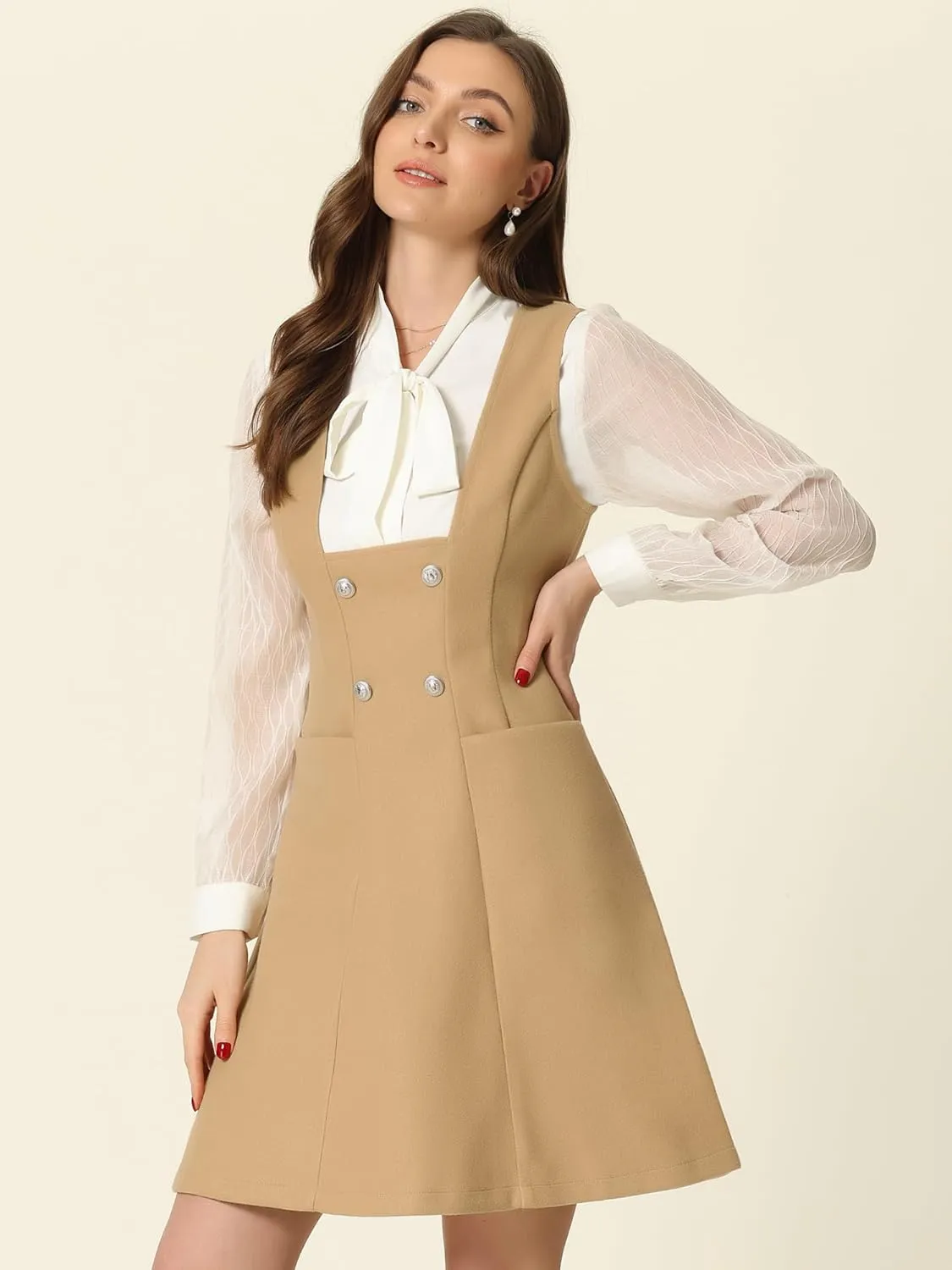 Allegra K Halloween Pinafore Dress for Women's Double Breasted Decor A-Line Overalls Dresses