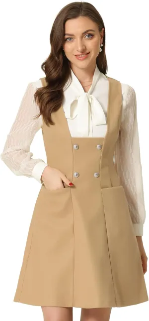 Allegra K Halloween Pinafore Dress for Women's Double Breasted Decor A-Line Overalls Dresses