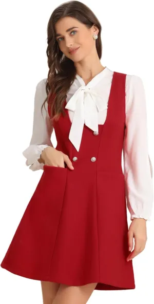 Allegra K Halloween Pinafore Dress for Women's Double Breasted Decor A-Line Overalls Dresses