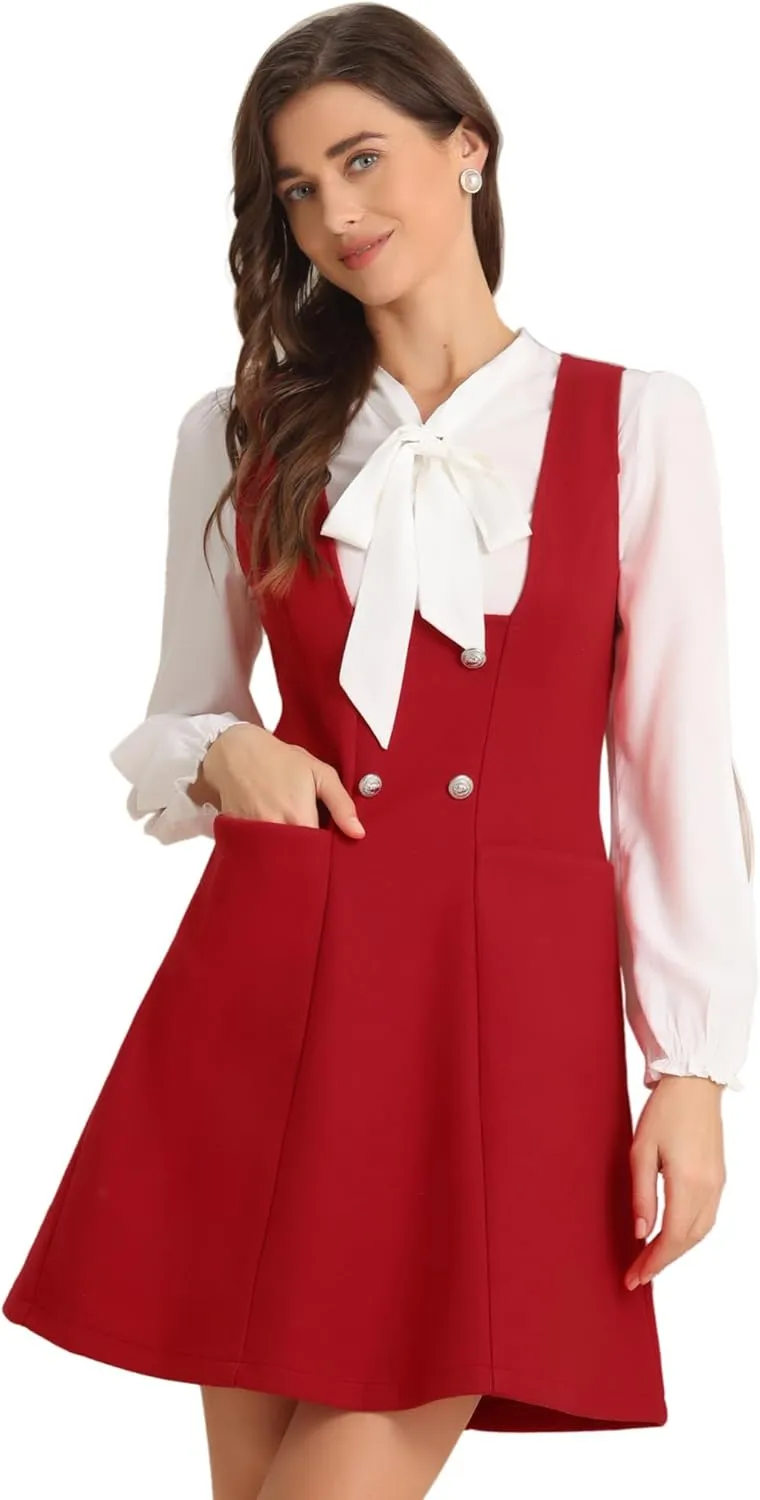 Allegra K Halloween Pinafore Dress for Women's Double Breasted Decor A-Line Overalls Dresses