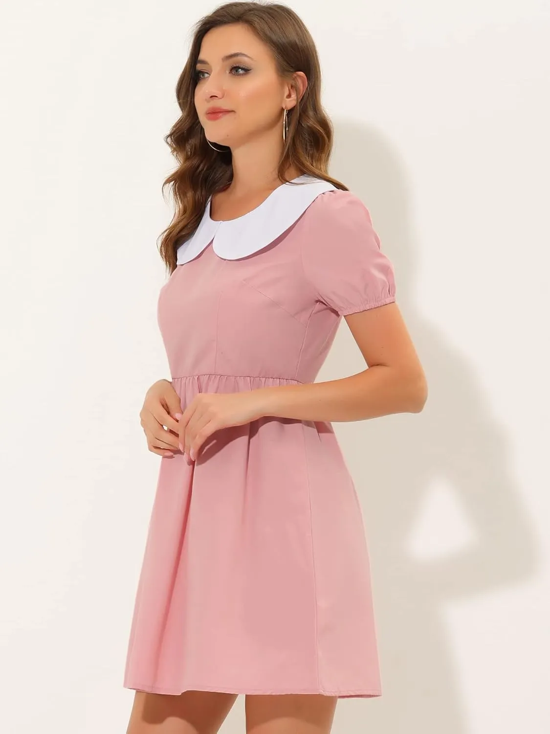Allegra K Women's Contrast Peter Pan Collar Puff Short Sleeve A-line Dress