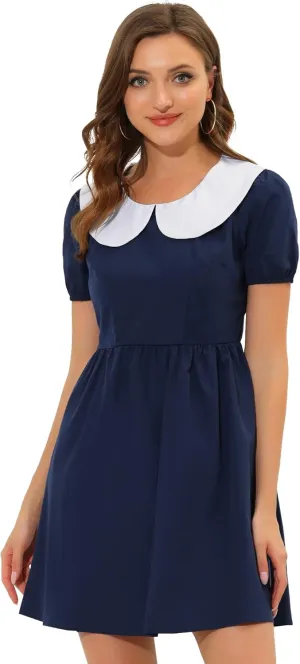 Allegra K Women's Contrast Peter Pan Collar Puff Short Sleeve A-line Dress