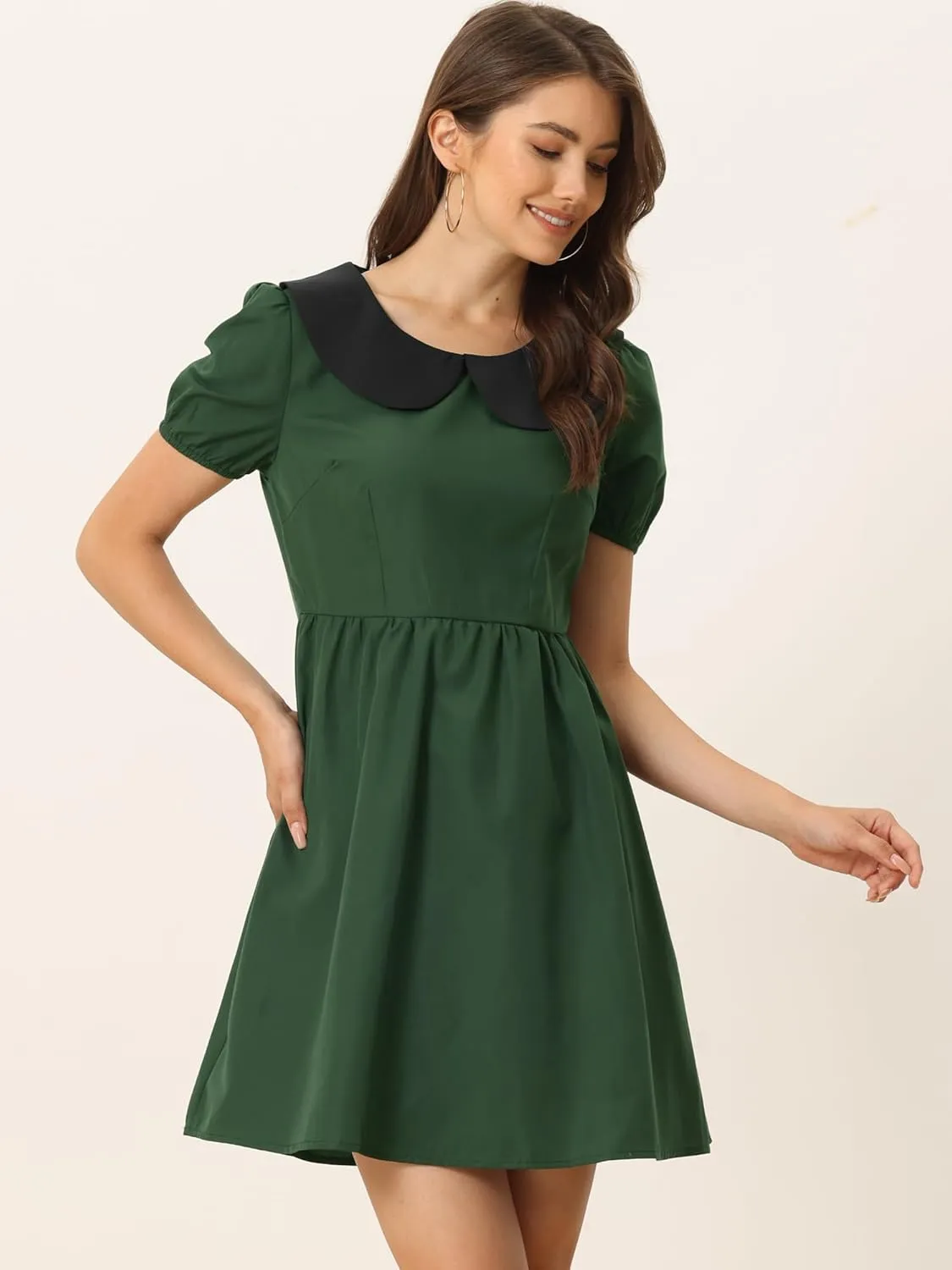 Allegra K Women's Contrast Peter Pan Collar Puff Short Sleeve A-line Dress