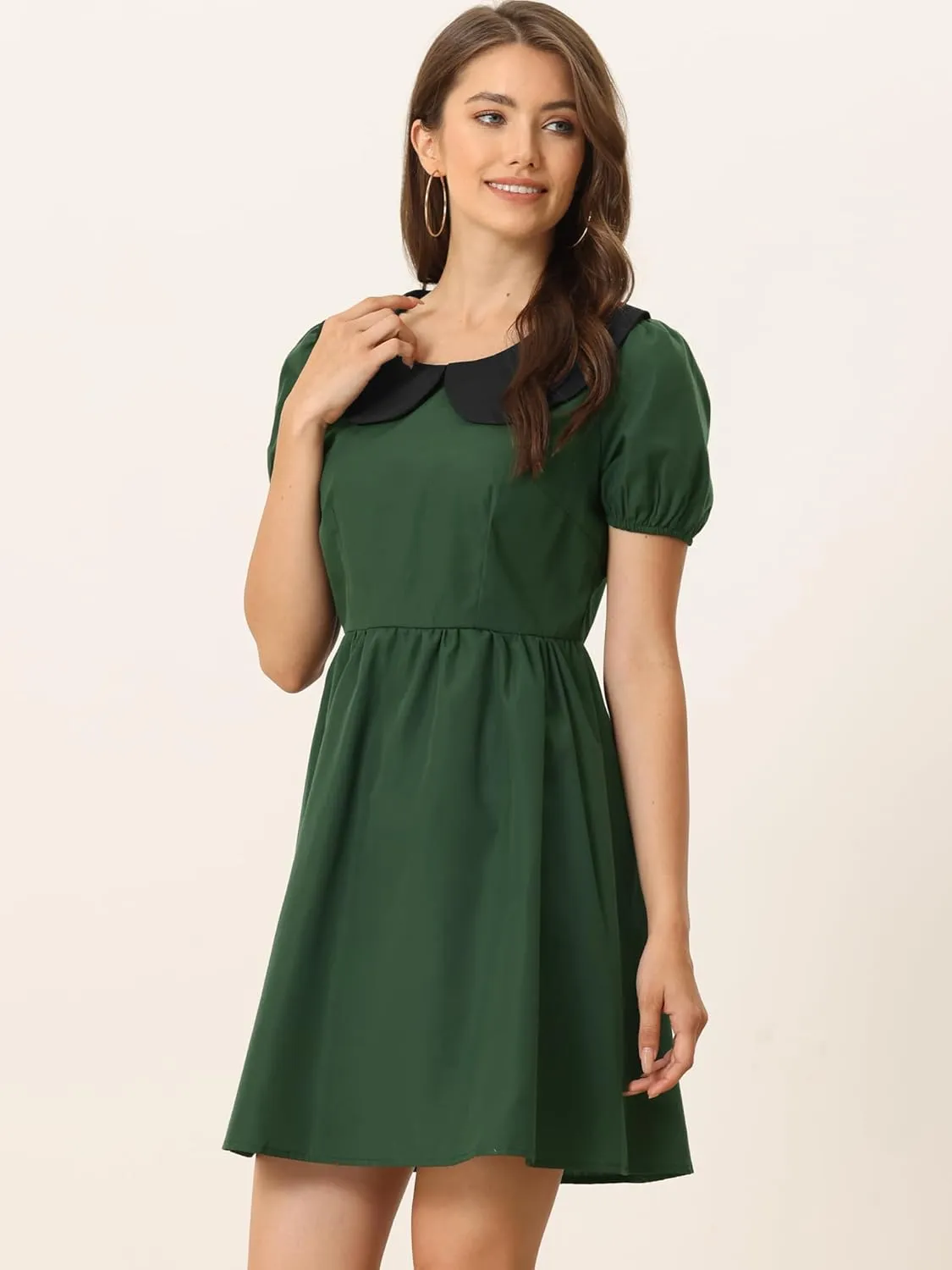 Allegra K Women's Contrast Peter Pan Collar Puff Short Sleeve A-line Dress