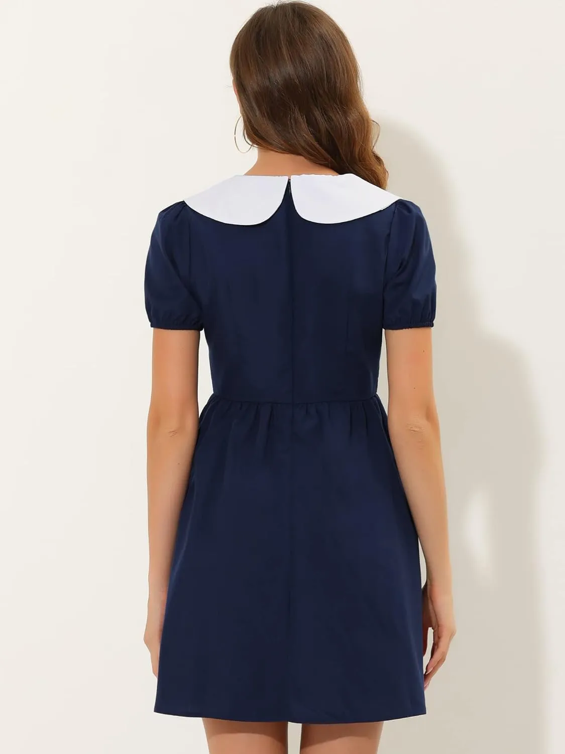 Allegra K Women's Contrast Peter Pan Collar Puff Short Sleeve A-line Dress