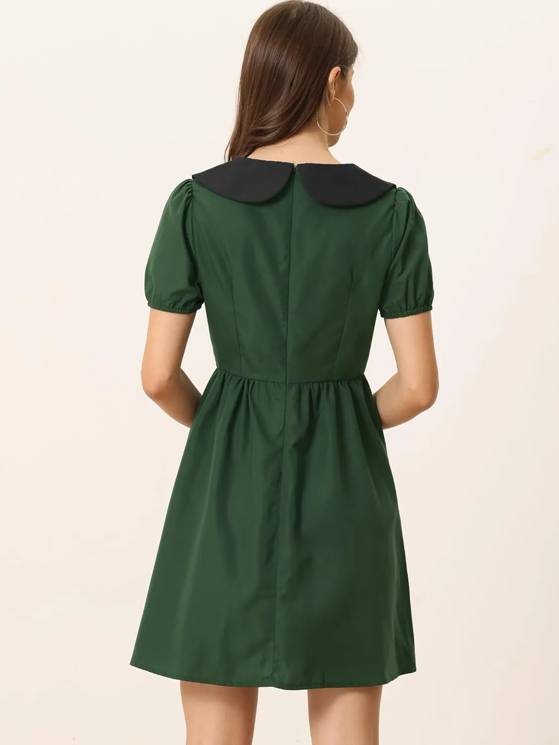 Allegra K Women's Contrast Peter Pan Collar Puff Short Sleeve A-line Dress