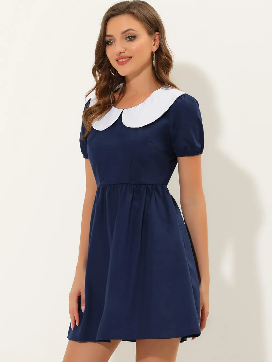 Allegra K Women's Contrast Peter Pan Collar Puff Short Sleeve A-line Dress