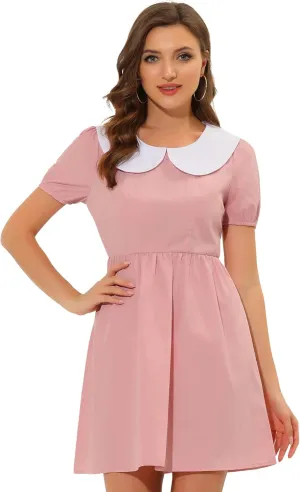 Allegra K Women's Contrast Peter Pan Collar Puff Short Sleeve A-line Dress