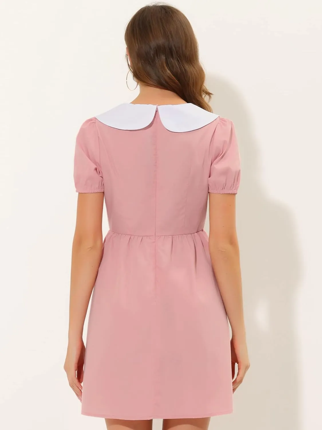 Allegra K Women's Contrast Peter Pan Collar Puff Short Sleeve A-line Dress