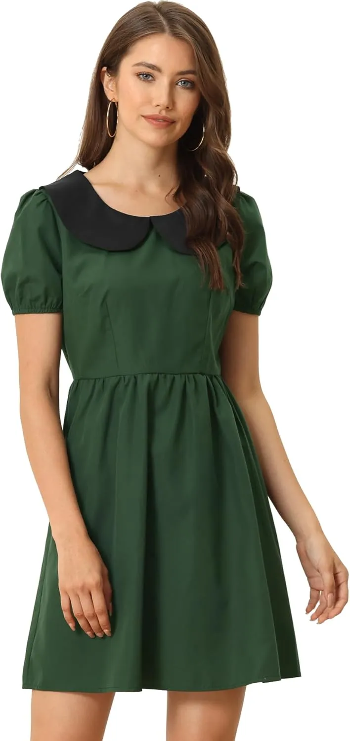 Allegra K Women's Contrast Peter Pan Collar Puff Short Sleeve A-line Dress