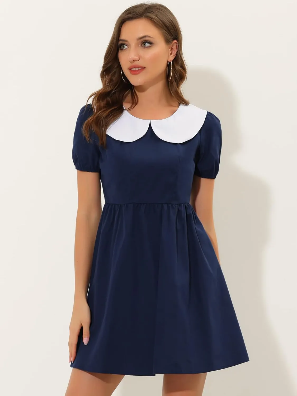 Allegra K Women's Contrast Peter Pan Collar Puff Short Sleeve A-line Dress