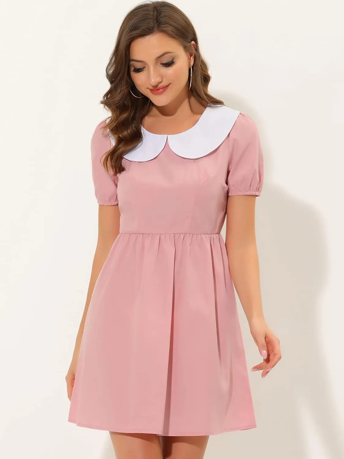 Allegra K Women's Contrast Peter Pan Collar Puff Short Sleeve A-line Dress