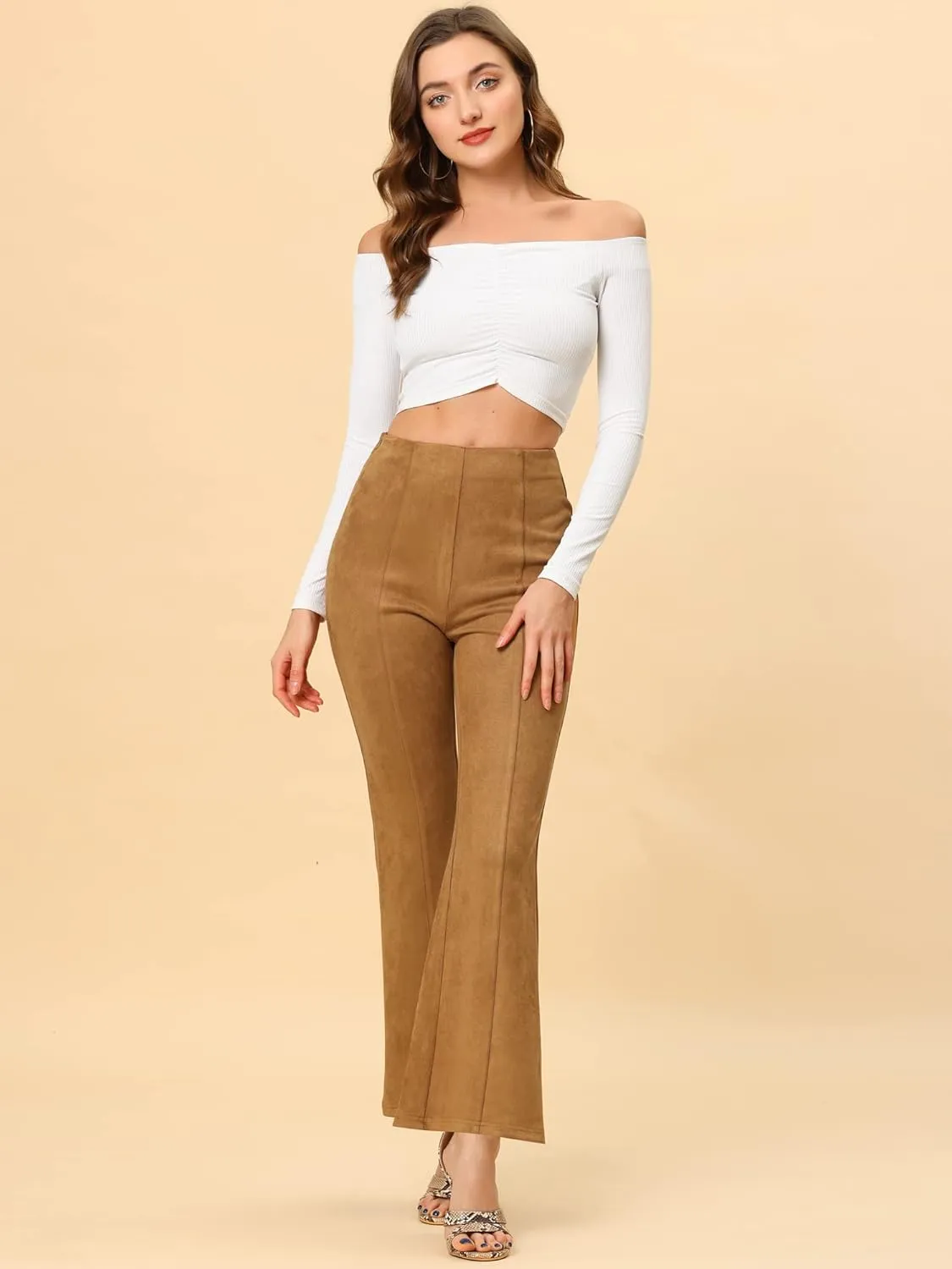 Allegra K Women's Faux Suede Pants Business Casual Wide Legs Bell Bottom Flared Trousers