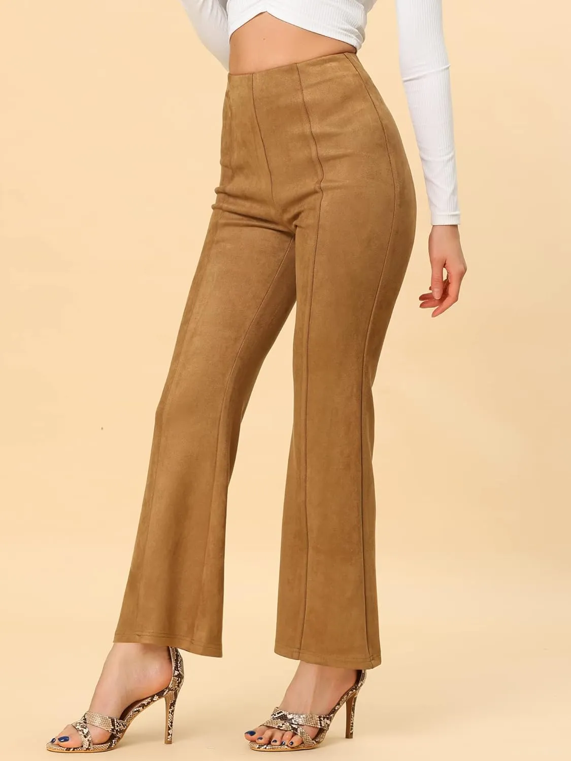 Allegra K Women's Faux Suede Pants Business Casual Wide Legs Bell Bottom Flared Trousers