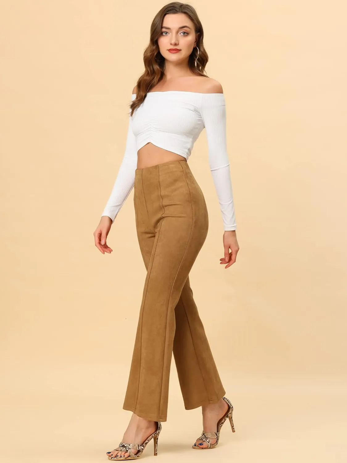 Allegra K Women's Faux Suede Pants Business Casual Wide Legs Bell Bottom Flared Trousers