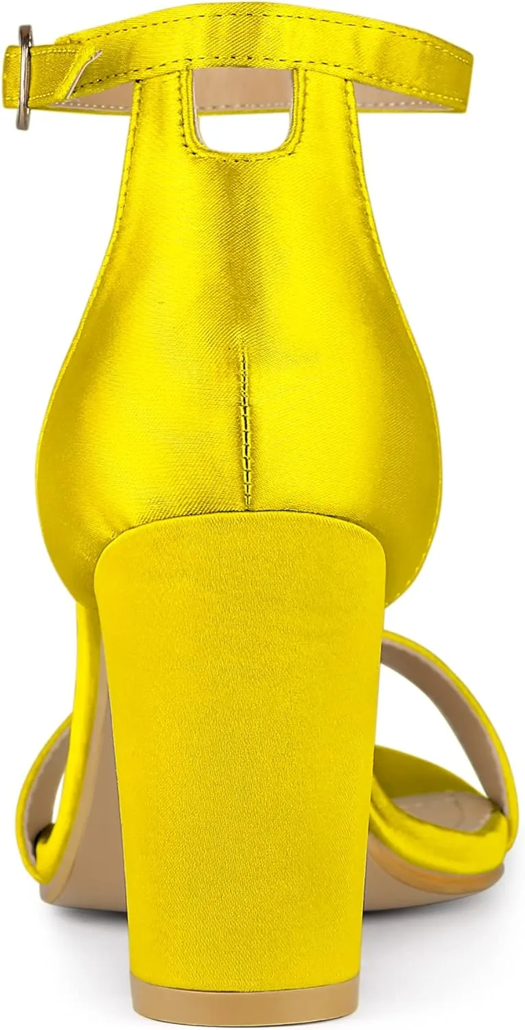 Allegra K Women's Satin Open Toe Ankle Strap Chunky Heels Sandals