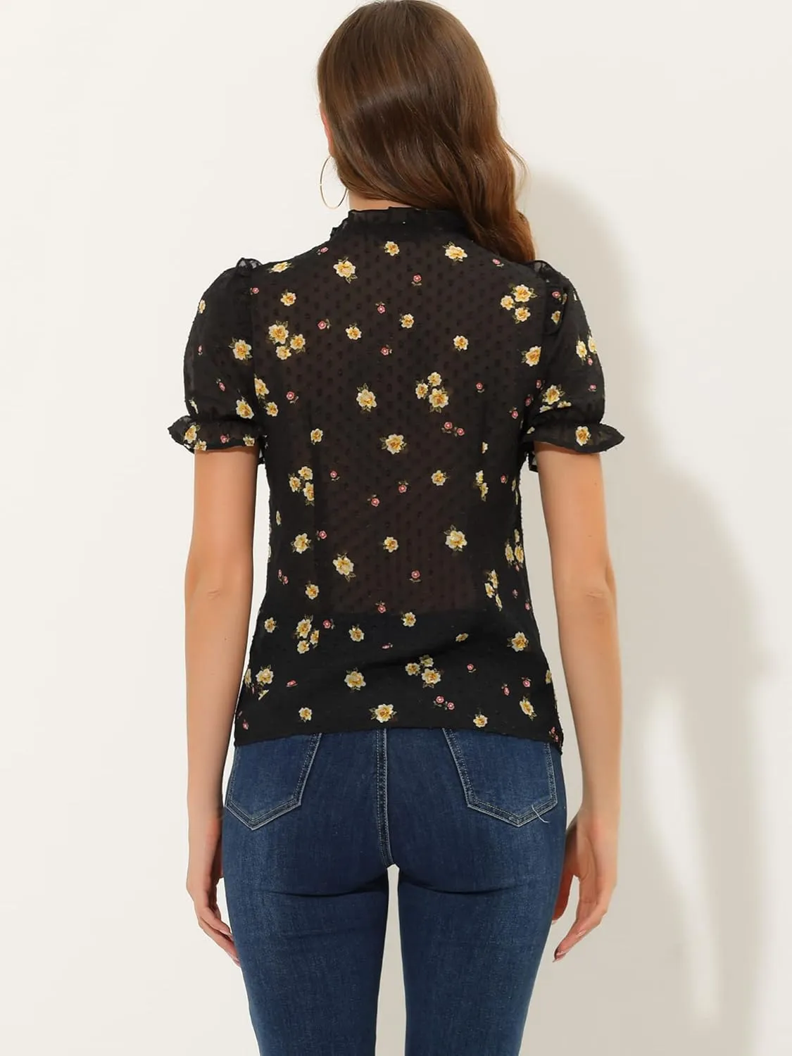 Allegra K Women's Swiss Dots Blouse V Neck Casual Chiffon Floral Shirt