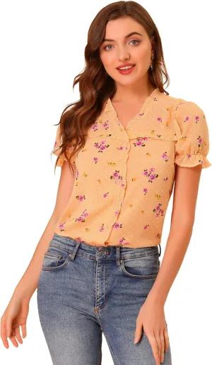 Allegra K Women's Swiss Dots Blouse V Neck Casual Chiffon Floral Shirt