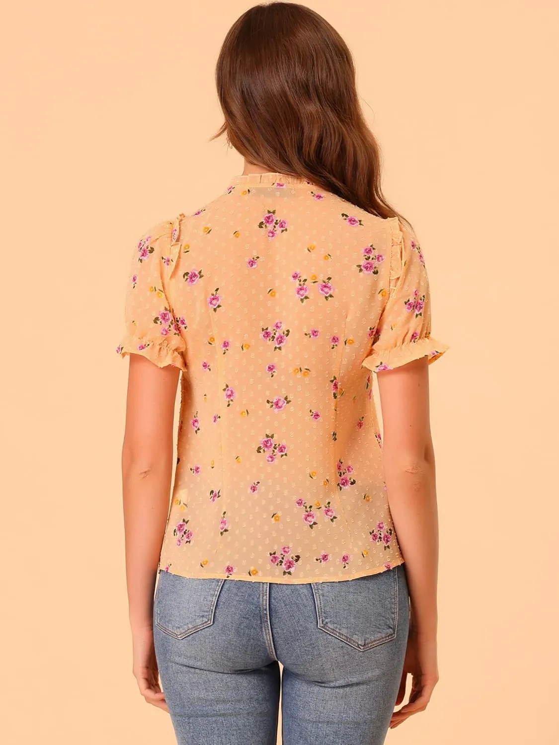 Allegra K Women's Swiss Dots Blouse V Neck Casual Chiffon Floral Shirt
