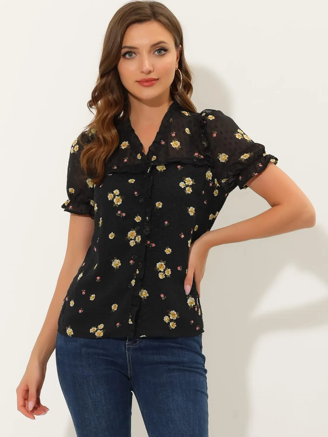 Allegra K Women's Swiss Dots Blouse V Neck Casual Chiffon Floral Shirt