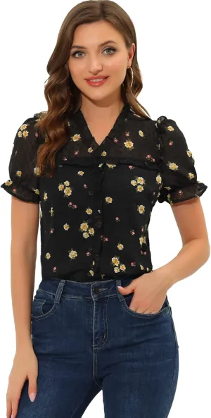 Allegra K Women's Swiss Dots Blouse V Neck Casual Chiffon Floral Shirt