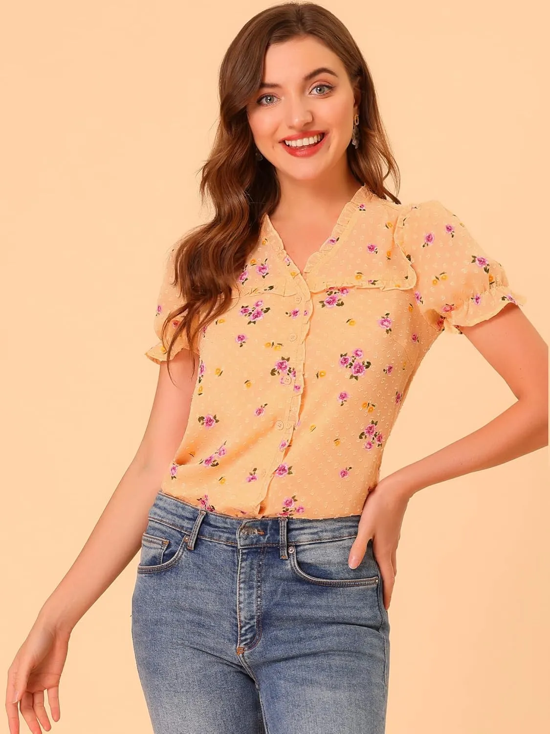 Allegra K Women's Swiss Dots Blouse V Neck Casual Chiffon Floral Shirt