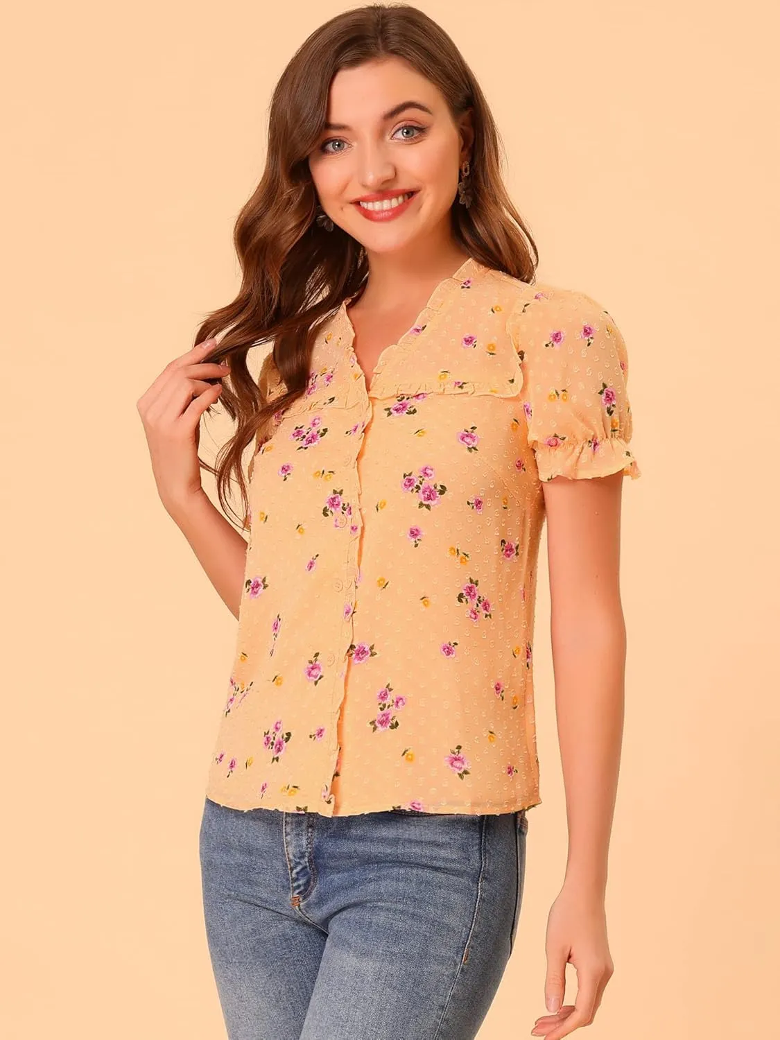 Allegra K Women's Swiss Dots Blouse V Neck Casual Chiffon Floral Shirt