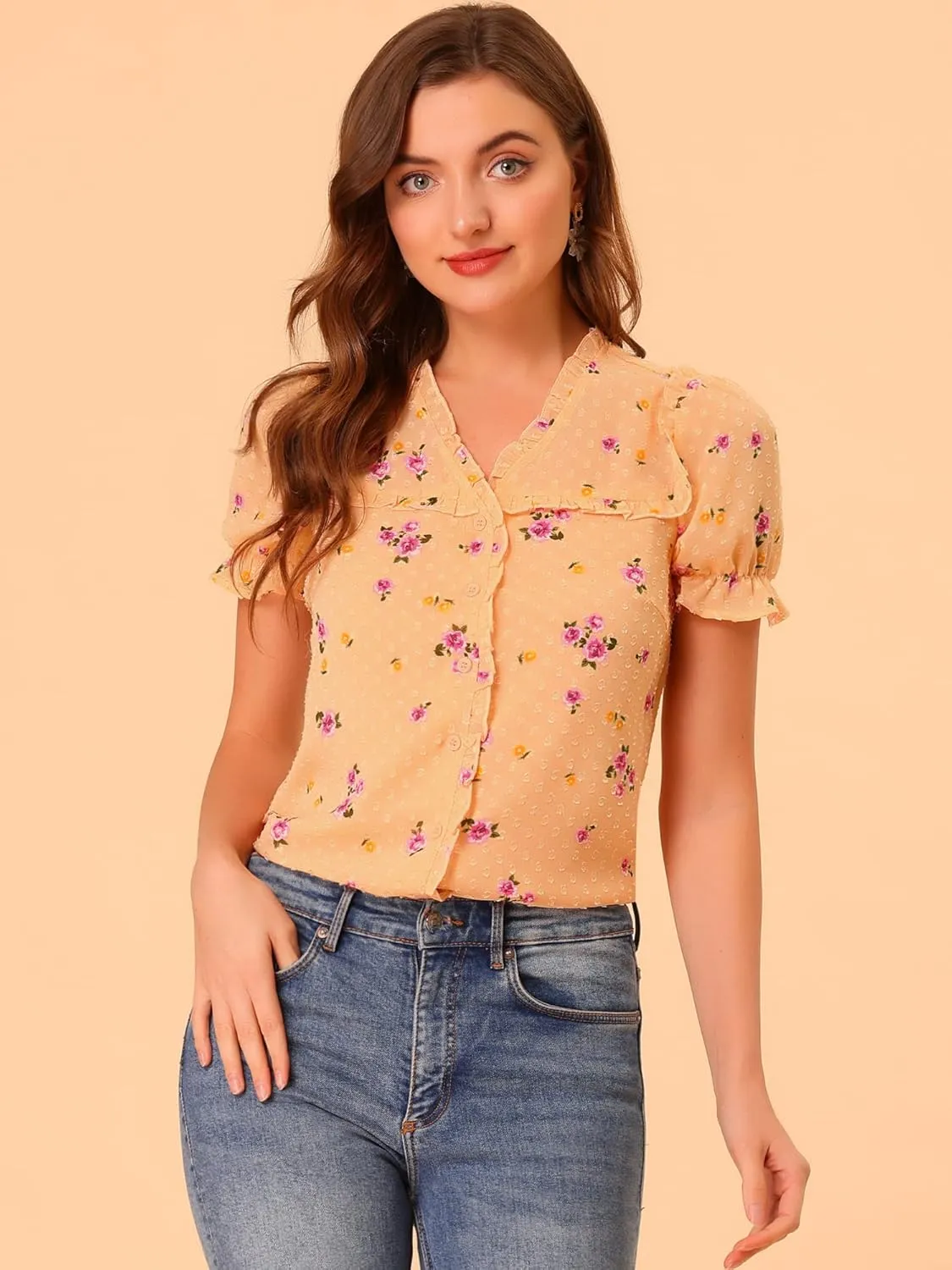 Allegra K Women's Swiss Dots Blouse V Neck Casual Chiffon Floral Shirt