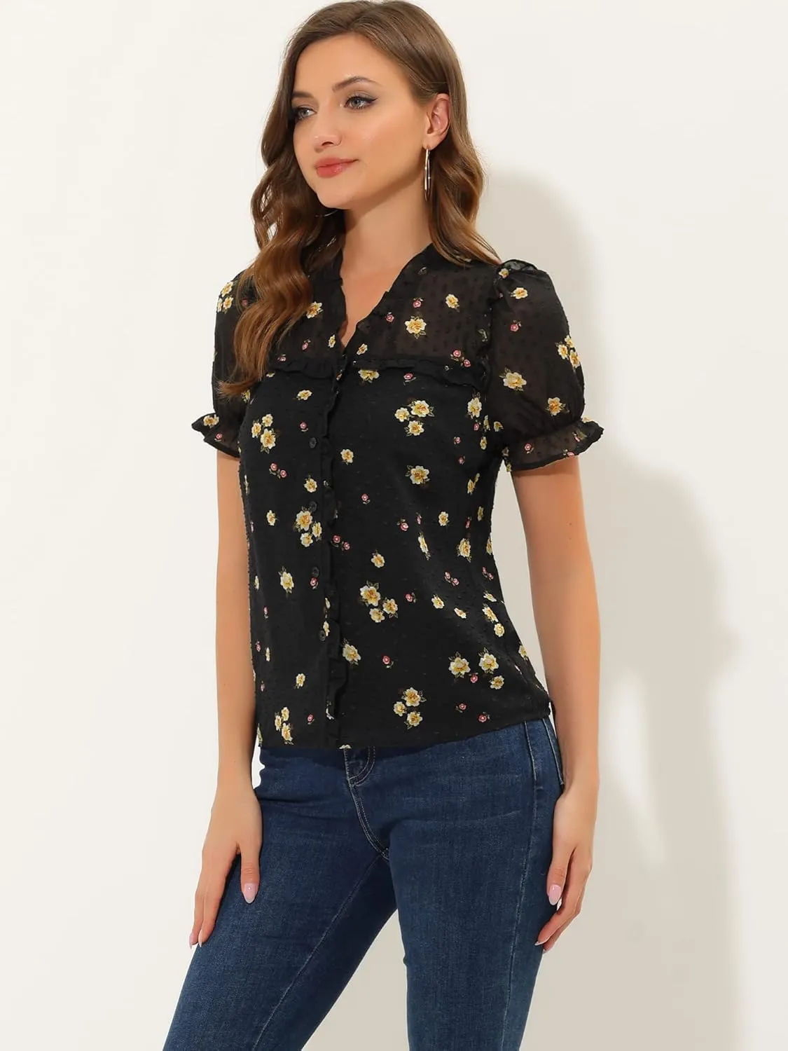 Allegra K Women's Swiss Dots Blouse V Neck Casual Chiffon Floral Shirt