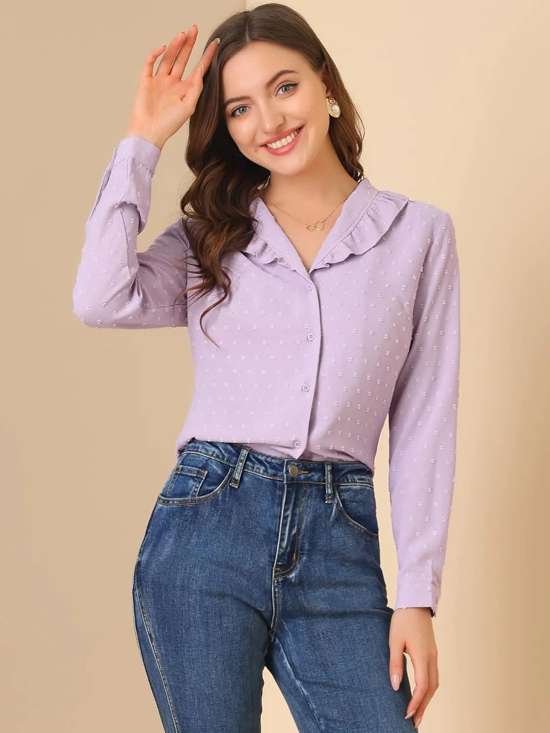 Allegra K Women's Swiss Dots Long Sleeve Button Front Ruffled Collar Shirt