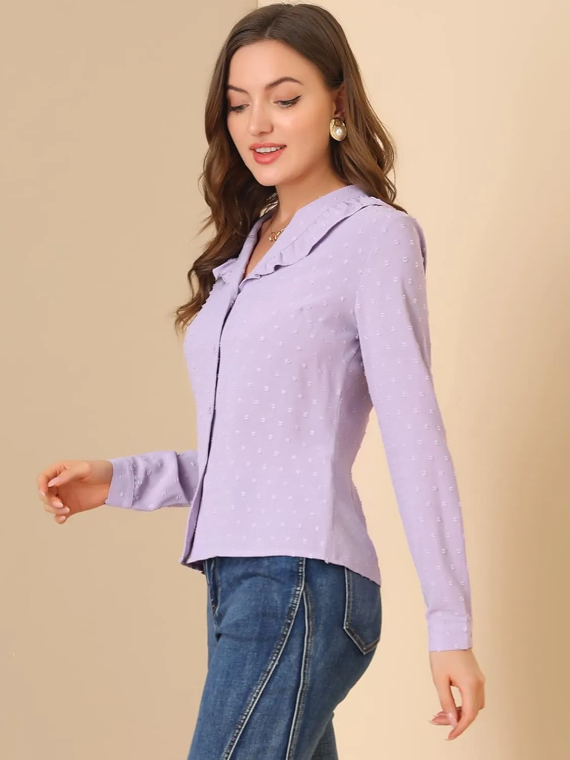 Allegra K Women's Swiss Dots Long Sleeve Button Front Ruffled Collar Shirt