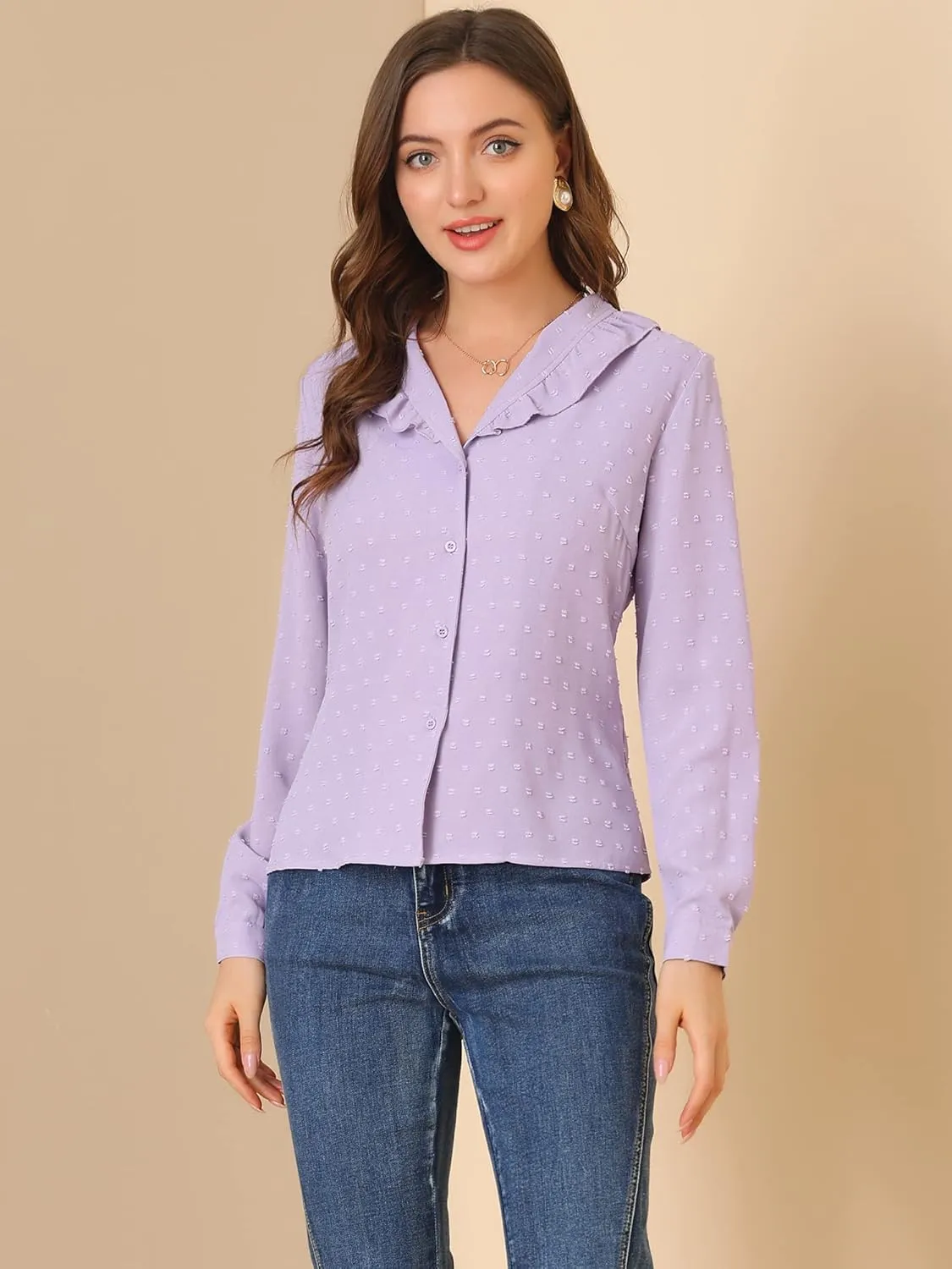 Allegra K Women's Swiss Dots Long Sleeve Button Front Ruffled Collar Shirt