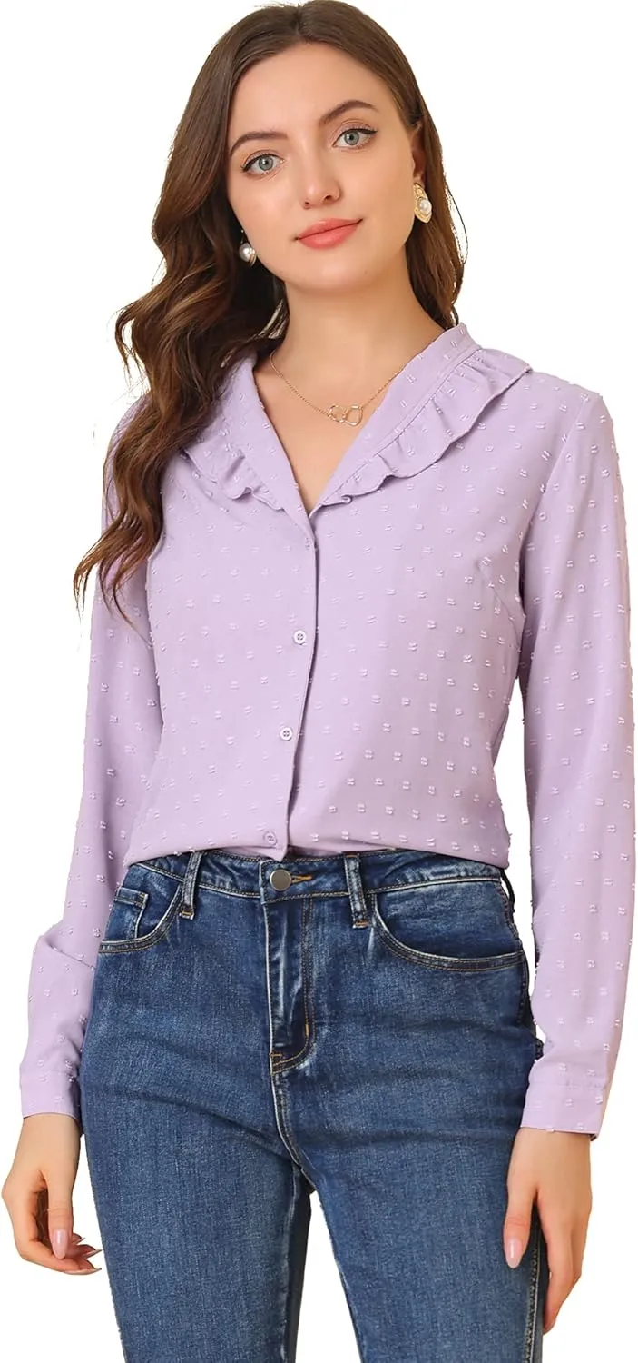 Allegra K Women's Swiss Dots Long Sleeve Button Front Ruffled Collar Shirt