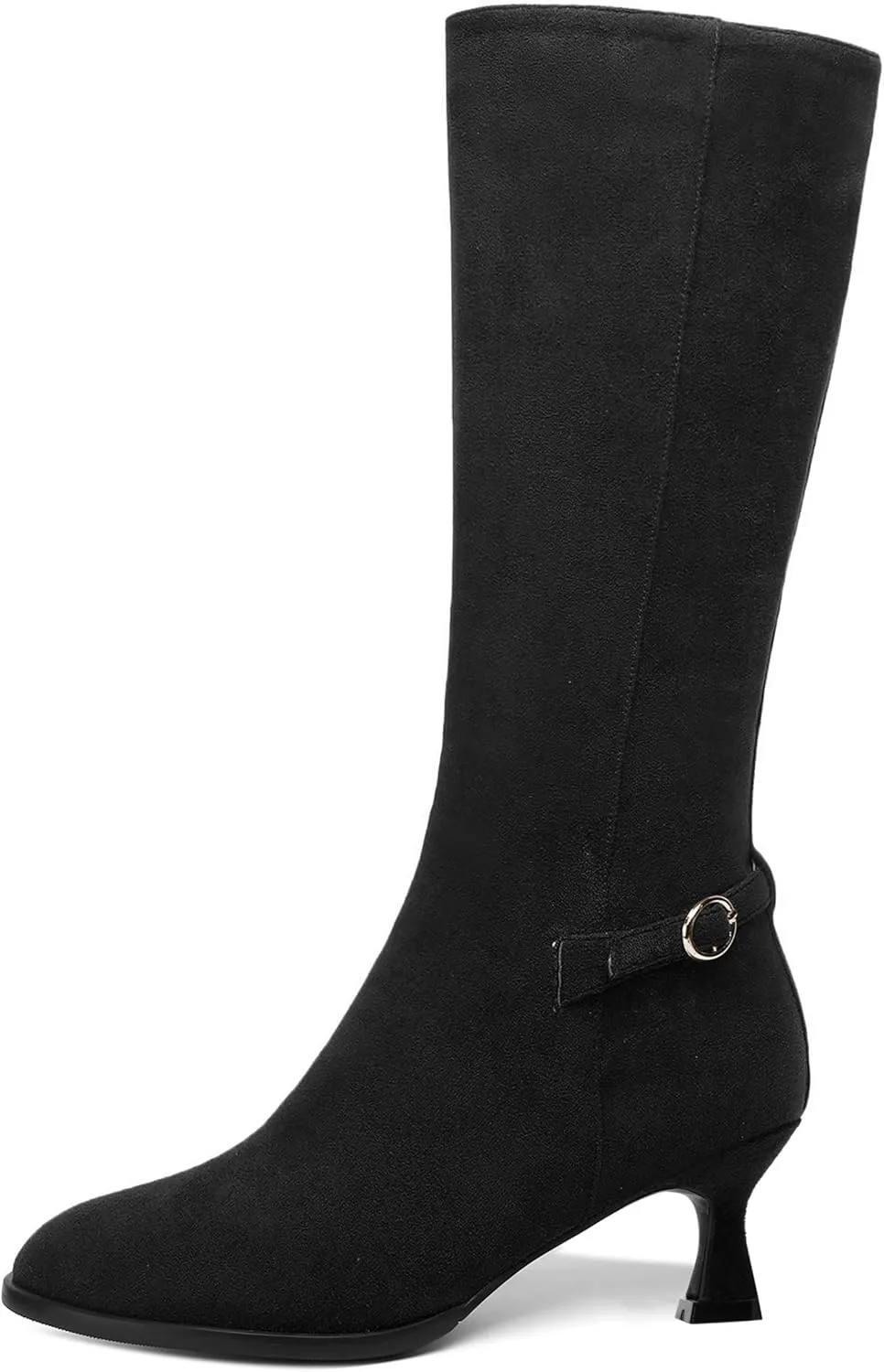 AMBELIGHT Womens Casual Round Toe Zip Suede Solid Dating Kitten Low Heel Mid Calf Boots 2 Inch
