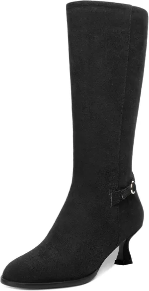 AMBELIGHT Womens Casual Round Toe Zip Suede Solid Dating Kitten Low Heel Mid Calf Boots 2 Inch