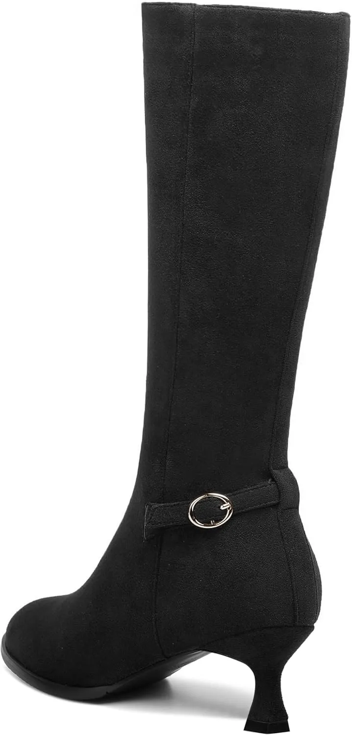 AMBELIGHT Womens Casual Round Toe Zip Suede Solid Dating Kitten Low Heel Mid Calf Boots 2 Inch