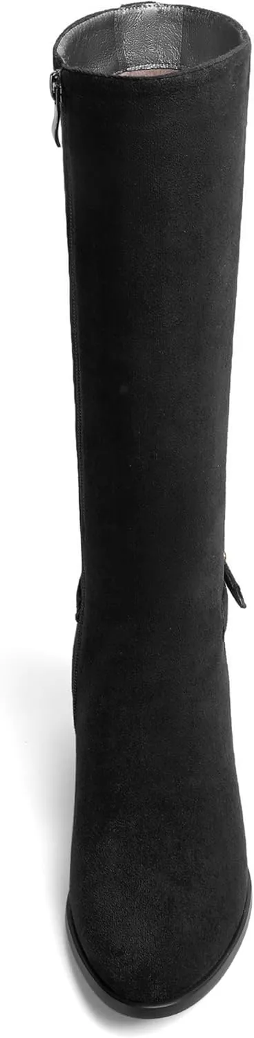 AMBELIGHT Womens Casual Round Toe Zip Suede Solid Dating Kitten Low Heel Mid Calf Boots 2 Inch