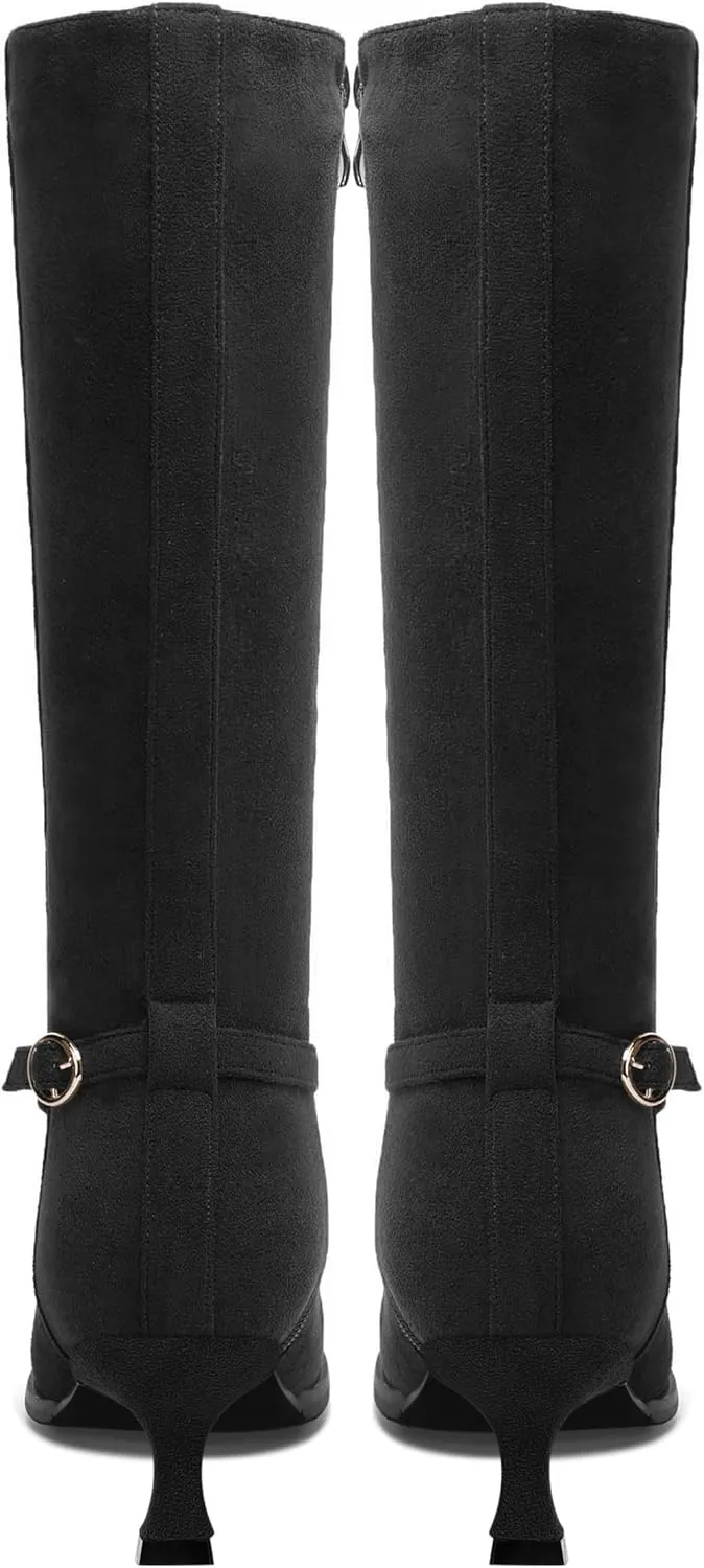 AMBELIGHT Womens Casual Round Toe Zip Suede Solid Dating Kitten Low Heel Mid Calf Boots 2 Inch