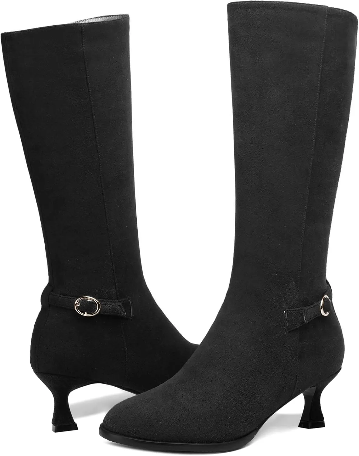 AMBELIGHT Womens Casual Round Toe Zip Suede Solid Dating Kitten Low Heel Mid Calf Boots 2 Inch