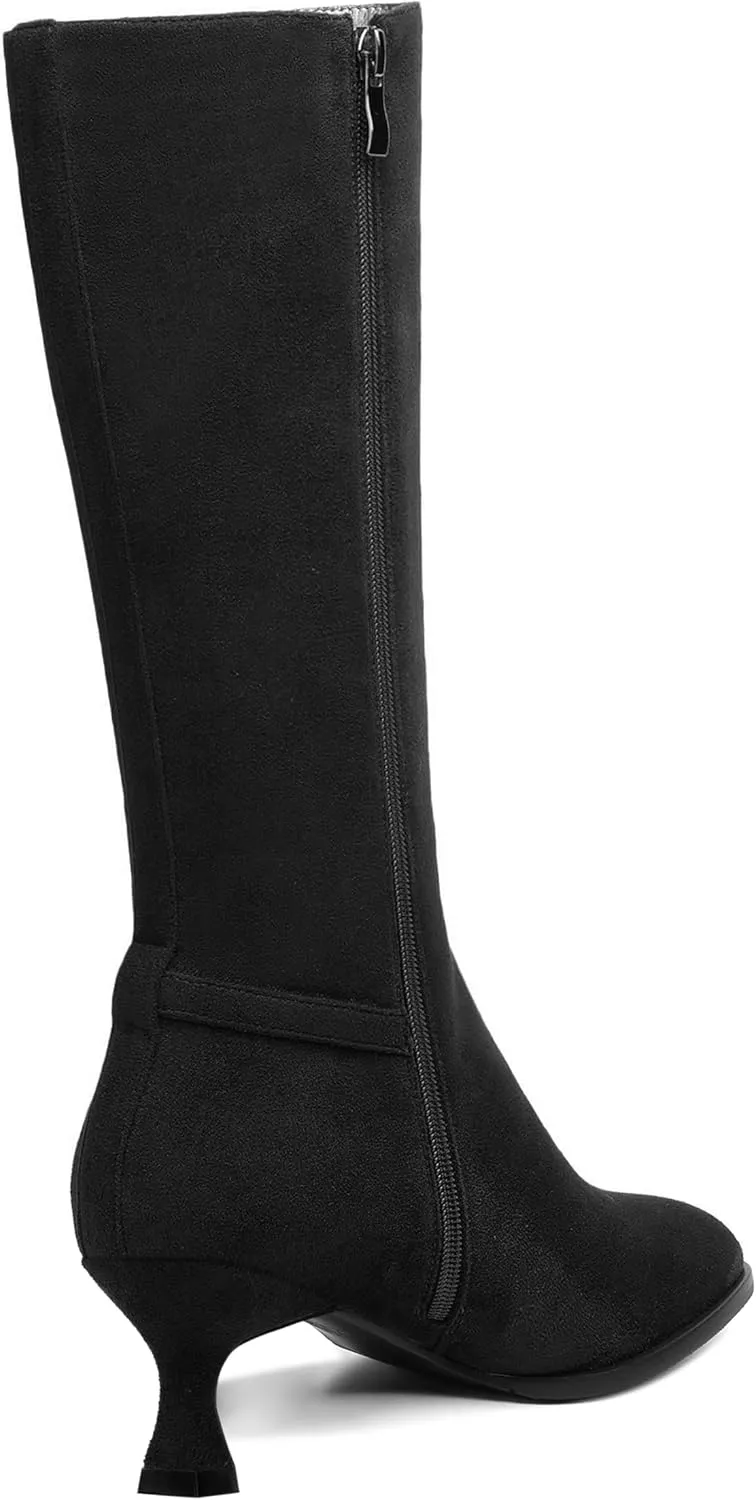 AMBELIGHT Womens Casual Round Toe Zip Suede Solid Dating Kitten Low Heel Mid Calf Boots 2 Inch
