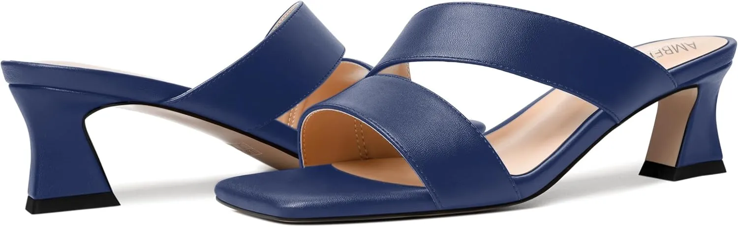 AMBELIGHT Womens Matte Casual Solid Slip On Indoor Square Toe Kitten Low Heel Heeled Sandals 2 Inch