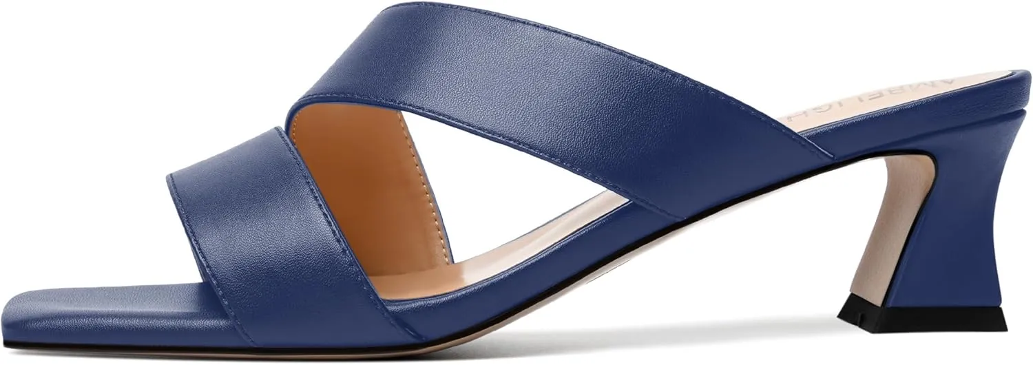 AMBELIGHT Womens Matte Casual Solid Slip On Indoor Square Toe Kitten Low Heel Heeled Sandals 2 Inch