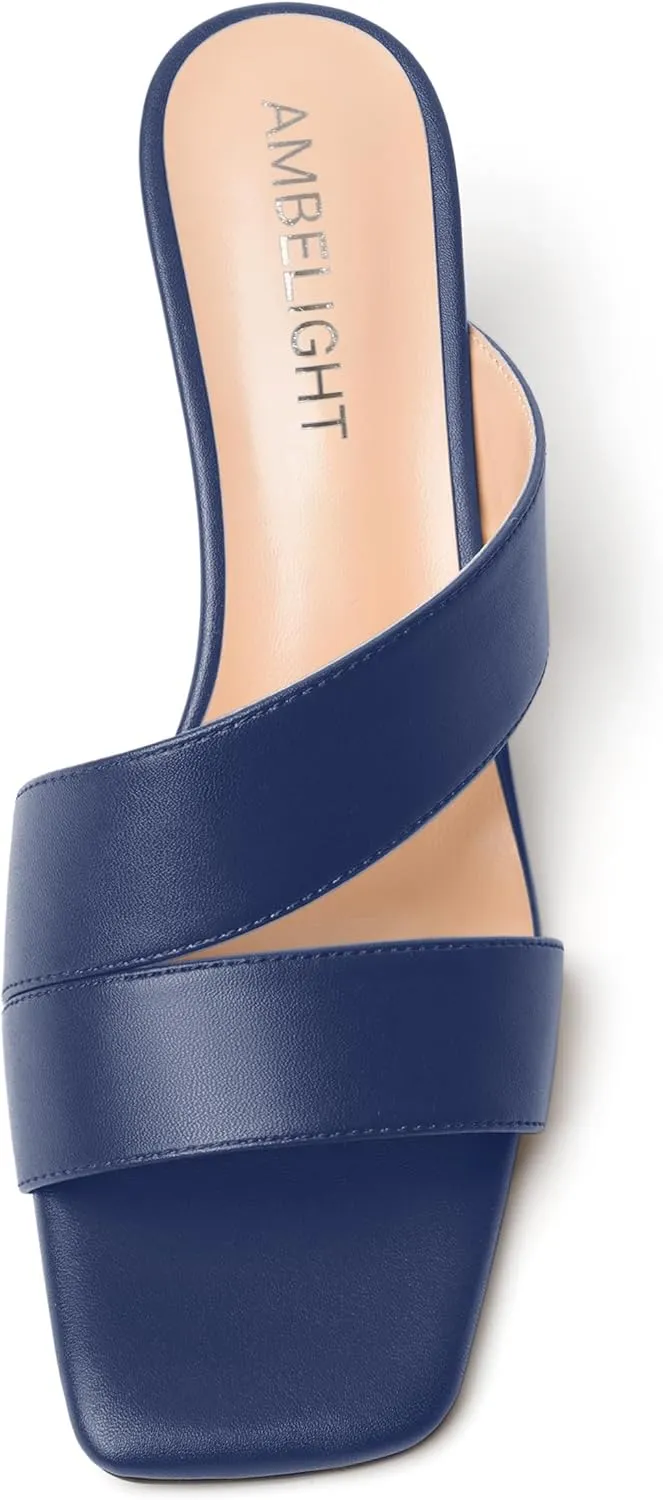 AMBELIGHT Womens Matte Casual Solid Slip On Indoor Square Toe Kitten Low Heel Heeled Sandals 2 Inch