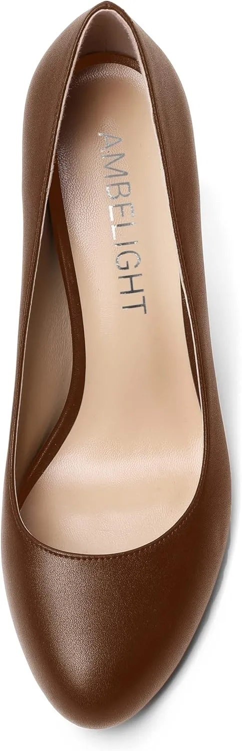 AMBELIGHT Womens Matte Solid Slip On Casual Evening Fashion Round Toe Chunky High Heel Pumps Shoes 3.3 Inch
