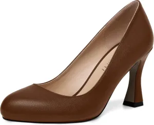 AMBELIGHT Womens Matte Solid Slip On Casual Evening Fashion Round Toe Chunky High Heel Pumps Shoes 3.3 Inch