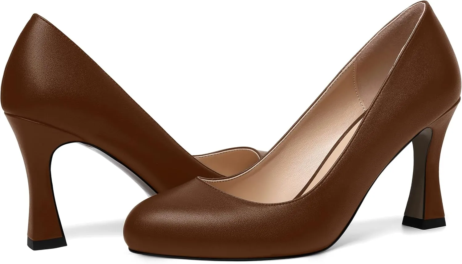 AMBELIGHT Womens Matte Solid Slip On Casual Evening Fashion Round Toe Chunky High Heel Pumps Shoes 3.3 Inch