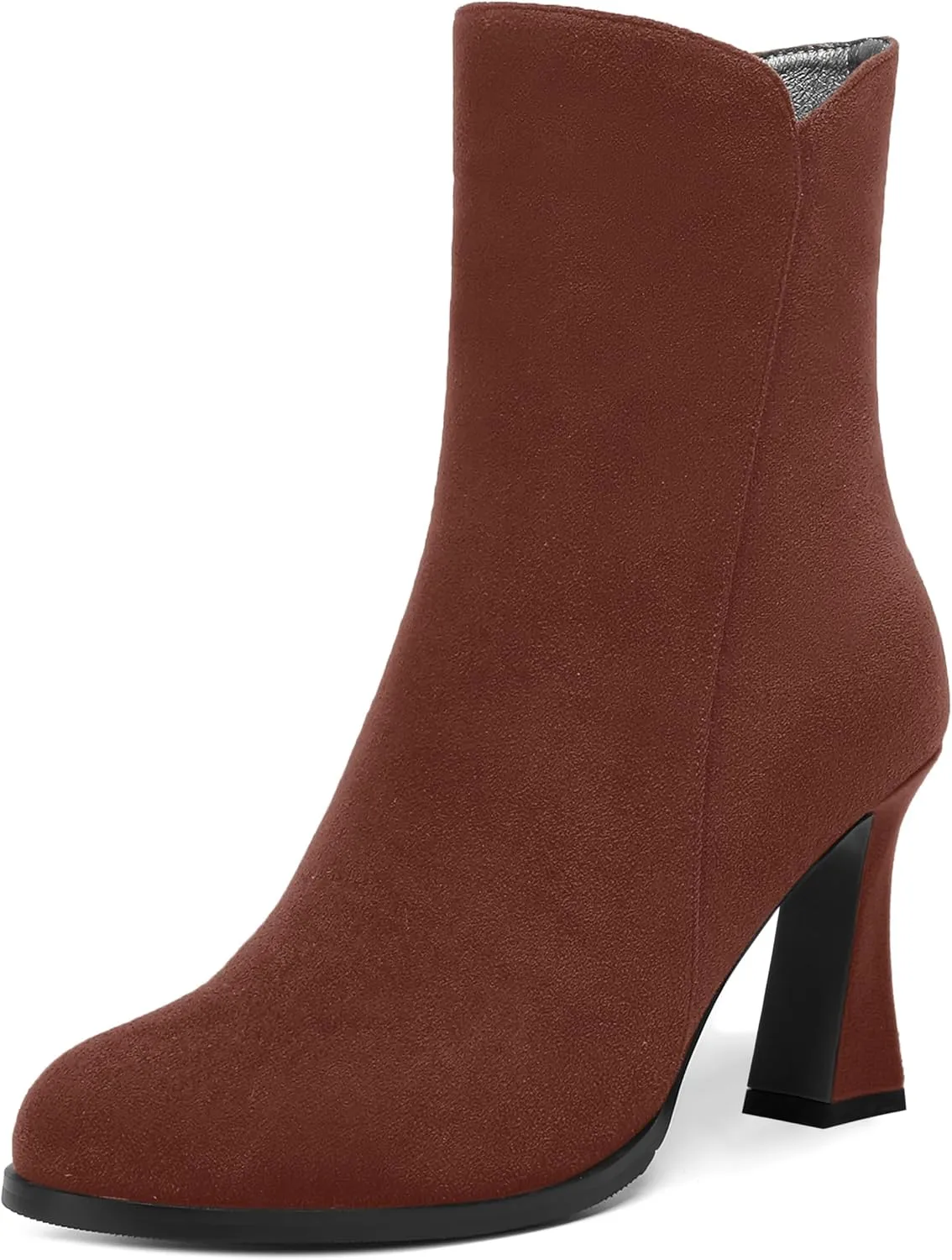 AMBELIGHT Womens Sexy Suede Evening Zip Round Toe Solid Block High Heel Ankle High Boots 3.3 Inch
