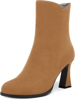 AMBELIGHT Womens Sexy Suede Evening Zip Round Toe Solid Block High Heel Ankle High Boots 3.3 Inch