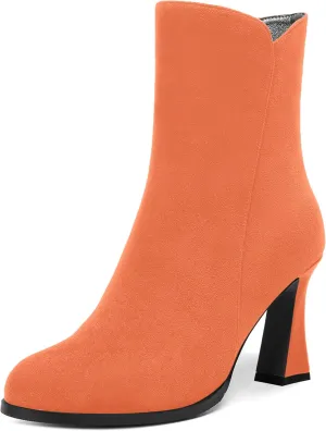 AMBELIGHT Womens Sexy Suede Evening Zip Round Toe Solid Block High Heel Ankle High Boots 3.3 Inch